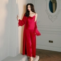 Elegant red silk pajama set for women with luxury feather trim and three-piece design - 2659 Suspender Trousers - Burgundy / M