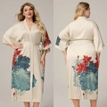 Damen Übergröße Satin Bademantel Champagner mit elegantem rotem Lotosblumen-Druck - Einheitsgröße / Champagner Lotus