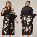 Damen Übergröße Satin-Bademantel in Schwarz mit weißem Magnolien-Print und Bindegürtel - Einheitsgröße / Schwarz Magnolie