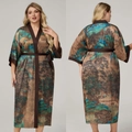 Peignoir en satin pour femme avec imprimé paysage d'art et ceinture marron assortie - Taille unique / Impression Paysage Brun Foncé