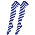 Knee-high socks featuring vibrant royal blue and white stripes in a stretchy knit fabric - Royal Blue + White / Thin Stripes 65 / One Size