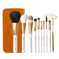 10-piece white makeup brush set with rose gold ferrules and orange leather pouch - Yellow 10Pcs Makeup Brushes + Bag