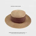 French retro straw hat with brown ribbon detail and sun protection for seaside vacation - Khaki Coffee Band Boater Hat (D-508)