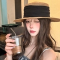 Women's wide brim boater straw hat with black pleated band for summer beach vacation - Khaki Black Band Boater Hat (D-508)
