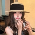 Khaki straw sun hat with elegant black ribbon bow for summer beach UV protection - Beige Black Band Boater Hat (D-508)