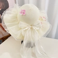 Women's cream straw sun hat with pink floral accents and large organza bow detail - Off White (D-623)