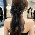 Elegant large black layered gauze bow hair clip with long ribbons for women - Temperament Black