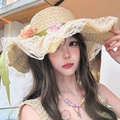 Women's straw sun hat featuring elegant white lace edges and floral ribbon accents - Beige Large Flower Lace Hat (D-507)