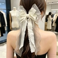 Oversized multi-layer white organza ribbon bow hair clip with long flowing streamers - Jasmine White