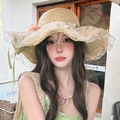 Wide brim straw hat with beige lace and floral detail for sun protection at the beach - Khaki Large Flower Lace Hat (D-507)