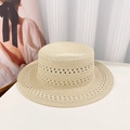 Wide brim straw hat with bow and intricate woven patterns for summer beach sun protection - Off White (D-0003)