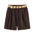 Detail of high-waisted coffee shorts with pleated waist and woven belt with buckle - XS / Dark Brown