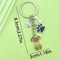 Silver pet keychain with bone, heart, paw charms and a small brown poodle in green outfit - Dog With Hat Paw Bone Heart Style (ER421)