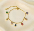 Golden titanium steel necklace with seven colorful zircon pendants in dopamine style - Bracelet / Gold/Multicolor
