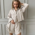 Damen Schlafanzug-Set aus Baumwolle mit Vichy-Karo, Langarmshirt und Rüschen-Shorts - S / Creme/Beige Karo