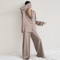 Champagne satin long sleeve pajama set with silk luster and wide leg pants for women - S / Top And Bottom / Brown