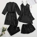 5-teiliges schwarzes Satin-Schlafanzugset mit Spitzenbesatz und passenden Shorts - M / Schwarz