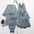 Fünfteiliges staubblaues Eisseiden-Pyjama-Set mit floraler Spitze und passendem Bademantel - M / Graublau