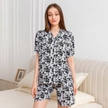 Women's 2-piece rayon pajama set with short sleeves and black white clover print - M / Black and White Ditsy Floral