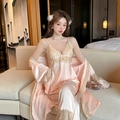 Pink satin three-piece sleepwear set with lace trim including top, pants and robe - Deep Pink