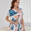 Set pigiama da donna in seta di ghiaccio con stampa di palme tropicali e top a maniche corte - S / Foglia di Banana Bianco