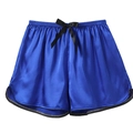 Detailed view of navy satin pajama shorts with bow tie and contrast piping edge - Royal Blue