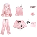 Set pigiama 7 pezzi in raso a righe rosa con camicia a maniche lunghe, canotta e fascia - XL / Strisce Rosa (Top E Canotta E Pantaloni E Pantaloncini E Accessori)