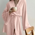 Pink ribbed knit long sleeve bathrobe with waist tie for women casual loungewear outfit - S / Pink