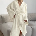Albornoz de gasa de algodón blanco transpirable con cuello kimono y cinturón para mujer - S / Beige