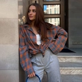 Chemise vintage à carreaux orange et gris, coupe ample avec manches longues - S / Hauts / Orange