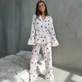 Pijama de algodón para mujer con estampado de corazones, textura plumeti y puños volantes - S / Blanco Corazón Rojo