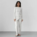 White rib-knit pajama set with long sleeves, round neck, and wavy lettuce trim edges - S / Top And Bottom / White