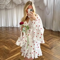Women white cotton crepe robe with red heart patterns and ruffled sleeves and hem - S / White