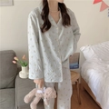 Blue plaid pajama set for women featuring bear patterns and button-down long sleeves - One Size / Blue
