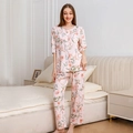 Bloemenprint viscose pyjamaset met halflange mouwen en een lange broek voor dames comfort - M / C201 Roze Gardenia Bloemen