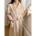 Thick beige leopard print flannel bathrobe with shawl collar and waist tie for women - One Size / Houndstooth (As Pictured)