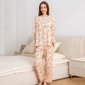 Tweeledige katoenen dames pyjamaset met bloemenprint, korte mouwen en lange broek - M / C203 Oranjeroze Kleine Bloemetjes