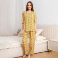 Women's yellow floral cotton pajama set with short sleeves and long pants for home - M / Top And Bottom / Yellow Bottom Pink Leaves