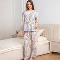 Women's pajama set featuring elegant floral print with short sleeves and long pants - M / Top And Bottom / Light Pink Blue Floral