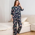 Navy blue women's floral pajama set with half sleeves and trousers in soft rayon fabric - M / Top And Bottom / Black Gardenia Floral
