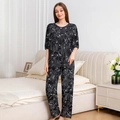 Women's black cotton silk pajama set with white floral print, short sleeve and pants - M / Top And Bottom / Black Bottom White Leaves
