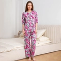 Women's light blue rayon pajama set with pink floral pattern and loose long pants - M / Top And Bottom / Rose Red Leaf