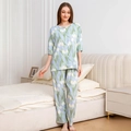 Women's light blue cotton pajamas set featuring yellow tulips floral print and long pants - M / Top And Bottom / Cyan Green Leaf Lily
