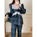 Ensemble pyjama à carreaux pour femmes avec dentelle et manches longues pour la détente - Ensemble Haut Et Pantalon / Carreaux Vert Foncé
