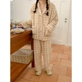 Conjunto de pijama de felpa para mujer con estampado ondulado beige muy suave - Talla única / Beige Café Pata de Gallo