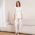 Women's pajama set featuring floral and heart patterns with five-point sleeves and long pants - M / Top And Bottom / Off White Pink Red Flower