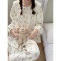 Floral cotton pajamas set for women with lace Peter Pan collar and long sleeves - One Size / As Shown