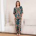 Women's floral cotton pajama set with short-sleeved top and pants in dark blue - M / Top And Bottom / Black Background Small Floral
