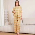 Women's two-piece rayon pajama set with yellow boho floral print and five-point sleeves - M / Top And Bottom / Yellow Base Pomegranate