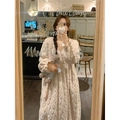 Creamy white coral fleece thick long sleeve nightgown with ruffled neck and cuffs - One Size / Apricot